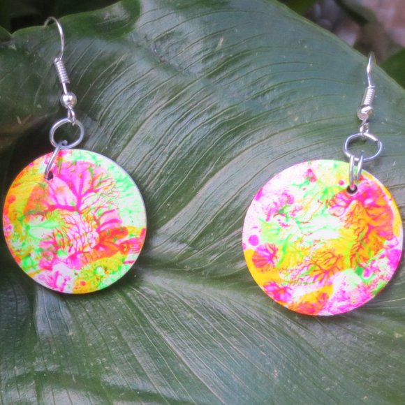 Handcrafted Pierced Earrings Pink Yellow Green Tie Dye Effect Hand Painted Wood - Picture 2 of 8